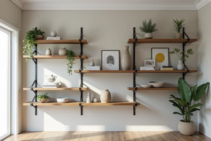Système d'étagères sur crémaillère autoportant en acier noir et bois de frêne huilé exposant livres, céramiques et plantes sans aucun perçage mural