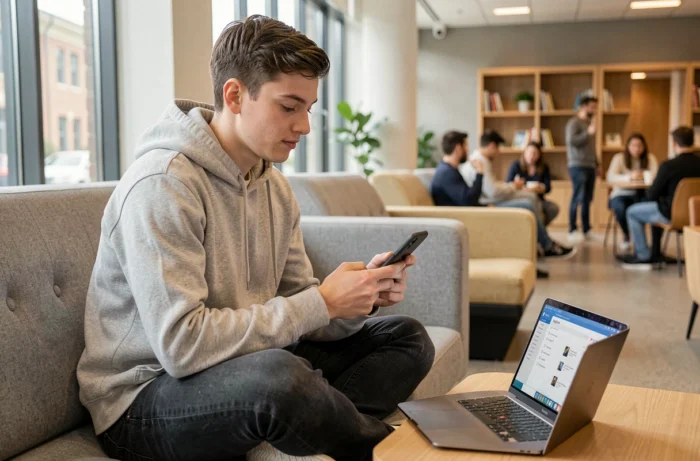 Studente che configura la posta accademica di Versailles su smartphone e computer portatile