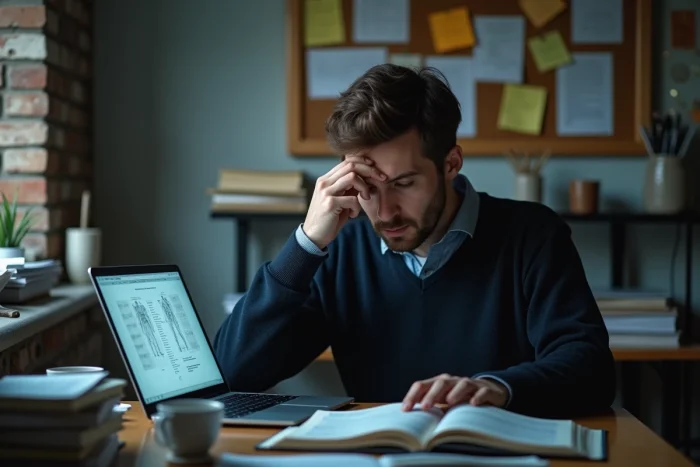 Étudiant en médecine épuisé travaillant tard le soir à son bureau avec des manuels et un ordinateur portable