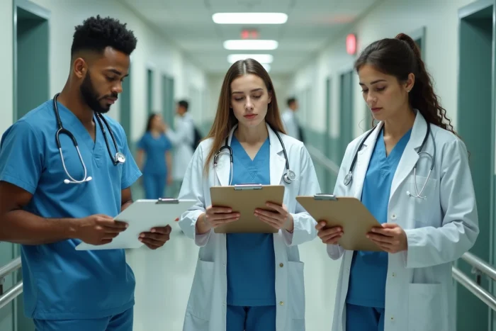 Groupe d'étudiants en médecine en blouses blanches consultant des dossiers médicaux dans un couloir d'hôpital