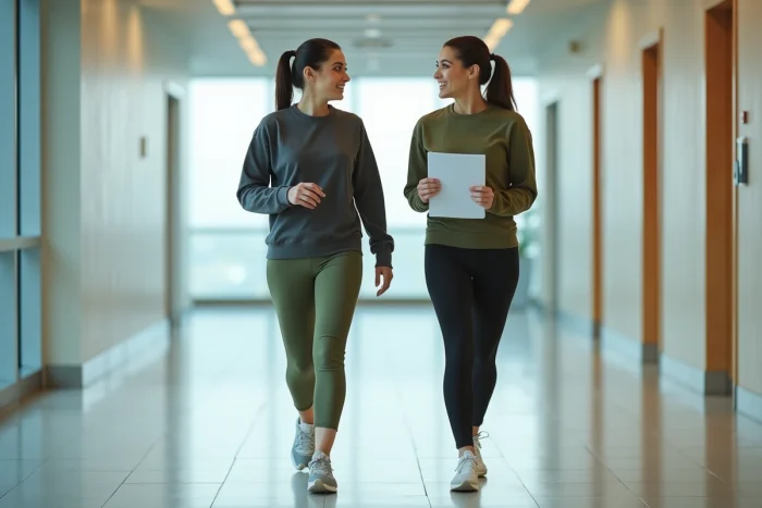 Deux femmes en couloir de clinique évaluant la vitesse de marche dans le cadre d'un bilan de santé
