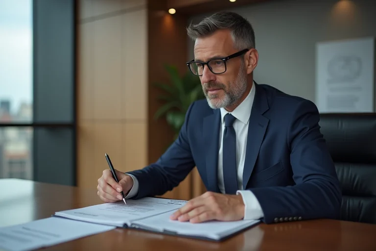 Homme d'affaires en costume bleu examine un rapport financier