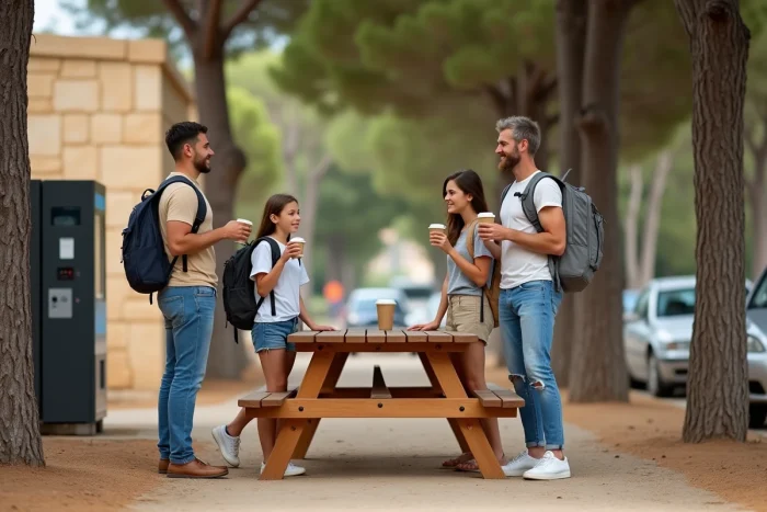 Famille faisant une pause dans une aire de repos sur une autoroute espagnole
