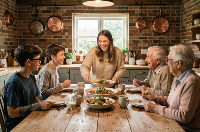 Famille multigénérationnelle réunie autour d'un repas convivial dans une cuisine rustique chaleureuse