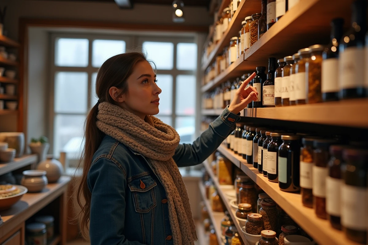 Jeune femme dans une boutique espagnole avec produits locaux