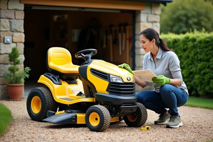 Femme comparant les caractéristiques d'un tracteur tondeuse compact dans une allée de jardin