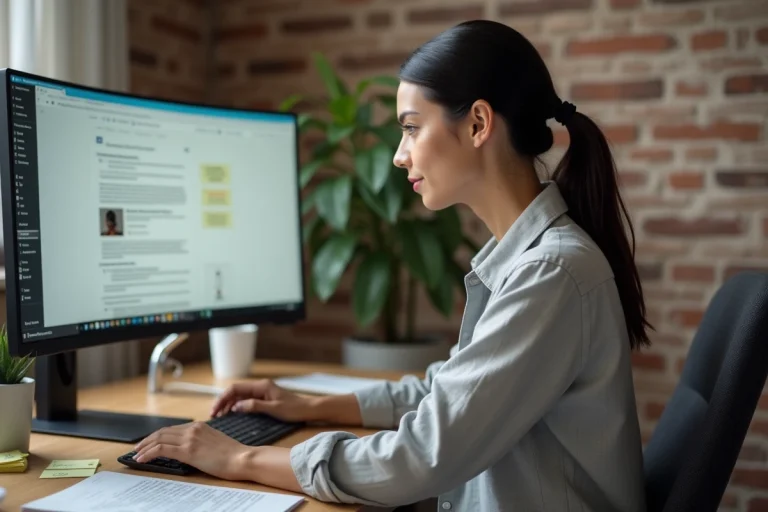 Femme explorant des ressources web innovantes sur un écran ultrawide dans un bureau minimaliste à domicile
