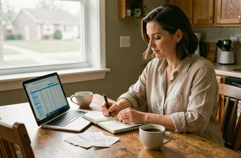 Femme consultant un budget personnel sur ordinateur portable à une table en bois, prenant des notes sur ses finances quotidiennes