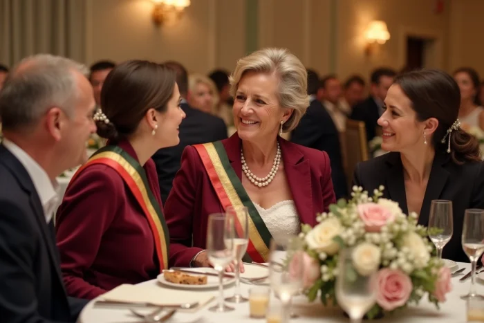 Femme maire en costume portant l'écharpe tricolore partageant un moment de joie avec les mariés lors du repas de mariage