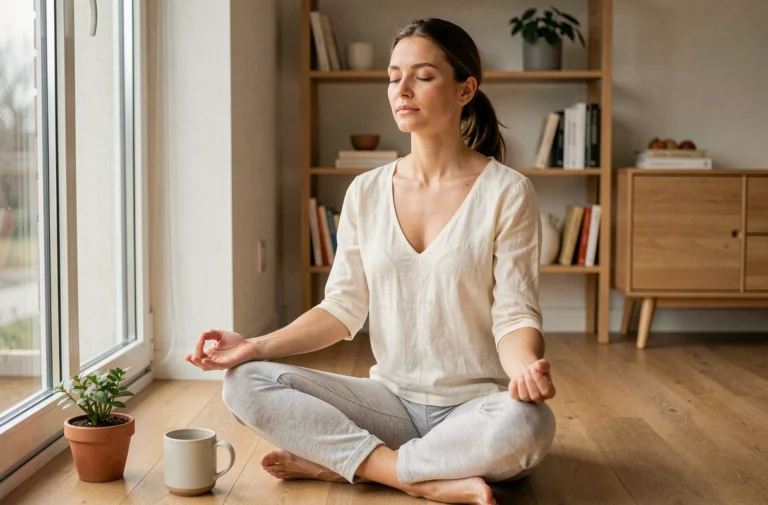 Femme pratiquant la méditation assise en tailleur sur un plancher en bois dans un salon minimaliste scandinave pour améliorer son bien-être quotidien