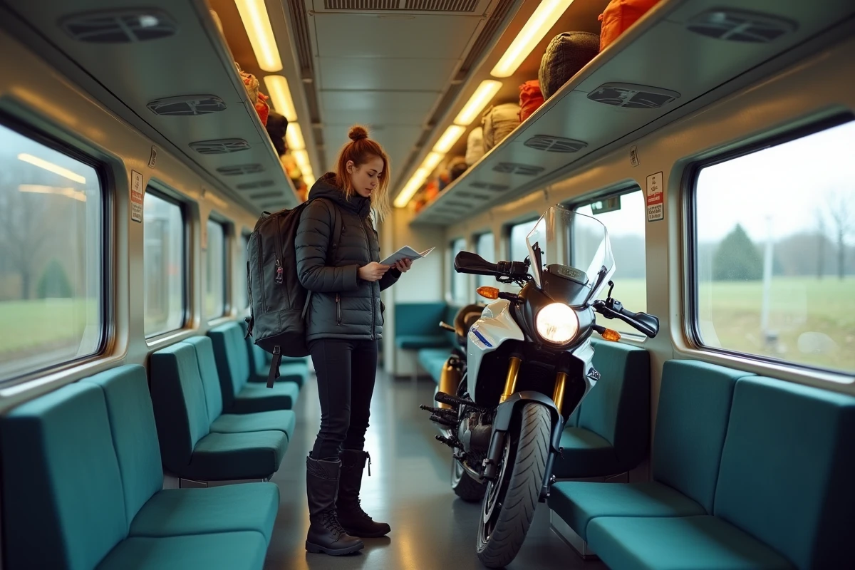 Jeune femme vérifiant ses documents avec sa moto dans un train