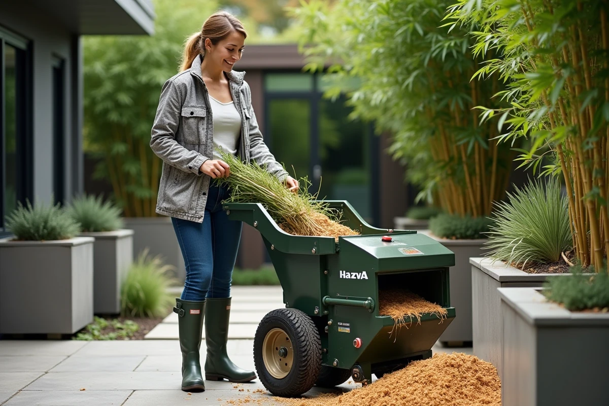 Femme utilisant un broyeur pour mulcher des bambous dans le jardin