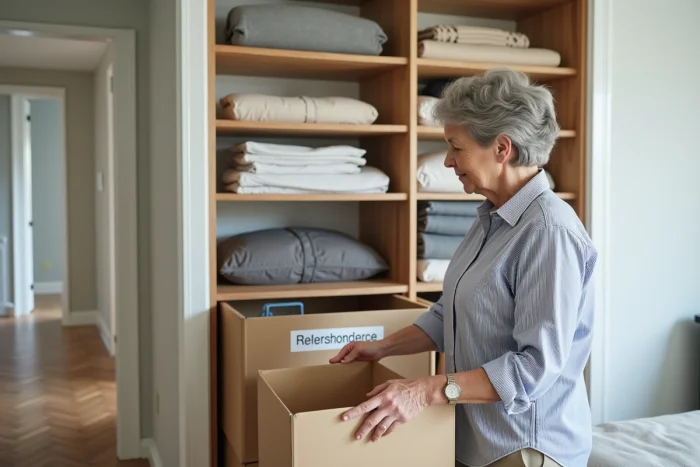 Femme organisant un placard avec des boîtes de rangement étiquetées pour optimiser l'espace intérieur