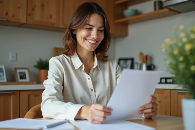 Femme d'une quarantaine souriante à la maison
