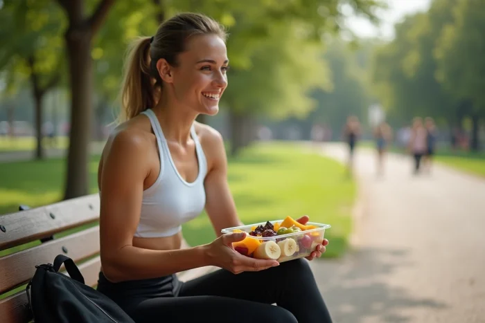 Femme sportive mangeant une salade de fruits énergétique après l'entraînement dans un parc urbain