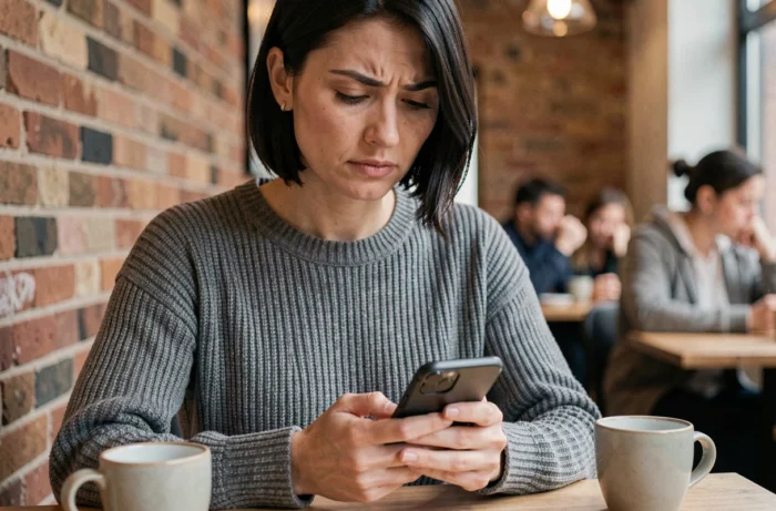 Femme vérifiant l'adresse officielle de Nokraf sur smartphone dans un café moderne
