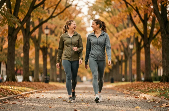 Duas mulheres caminhando e rindo juntas em um caminho de parque no outono vestindo roupas de esporte, simbolizando o bem-estar físico e social diário
