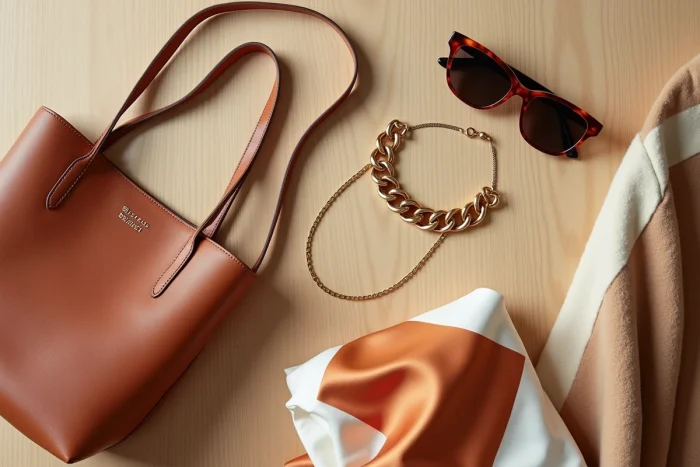 Flat-lay d'accessoires de mode tendance pour la saison : sac en cuir cognac, foulard en satin, lunettes écaille et manteau camel
