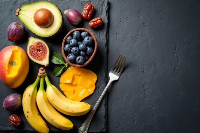 Vue de dessus d'une sélection de fruits caloriques et nutritifs pour favoriser la prise de masse musculaire