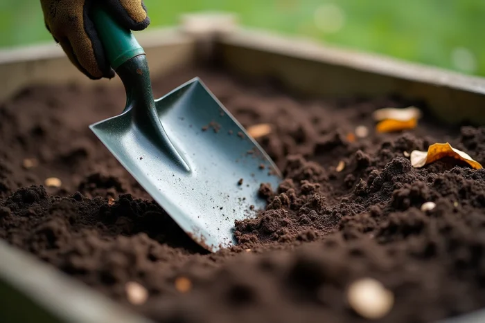 Gros plan sur la lame d'une pelle pénétrant dans une terre riche et humide d'un potager surélevé