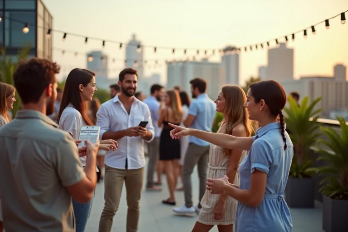 Groupe de personnes sur une terrasse urbaine réagissant à un article de magazine sur leur téléphone, illustrant la propagation des rumeurs et la frontière entre vie publique et vie privée