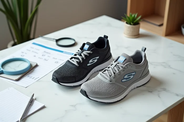 Vue à plat d'une paire de Skechers authentiques avec guide des tailles et checklist pour aider à reconnaître les chaussures originales