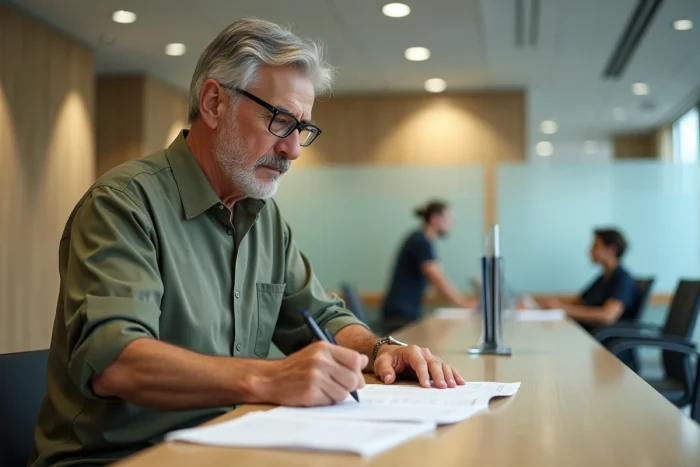 Homme de 55 ans remplissant un formulaire administratif pour retirer ses droits CPF dans une agence