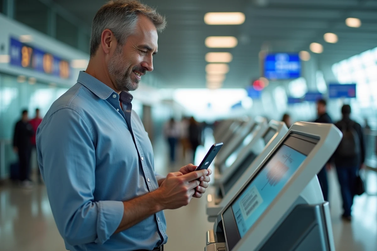 Homme vérifiant son visa sur smartphone à l