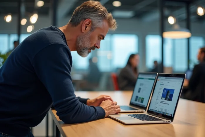 Homme comparant des ressources technologiques sur deux ordinateurs portables dans un espace de coworking moderne
