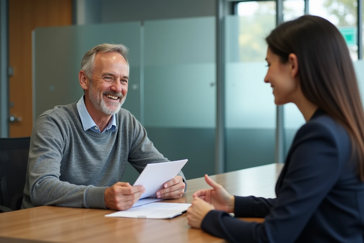 Homme discutant avec conseiller bancaire en agence