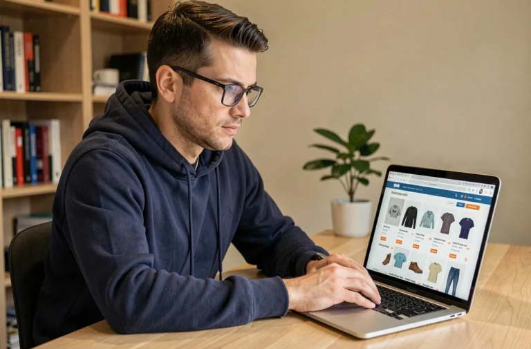 Homme consultant la nouvelle adresse du site Nokraf sur son ordinateur portable avec précaution