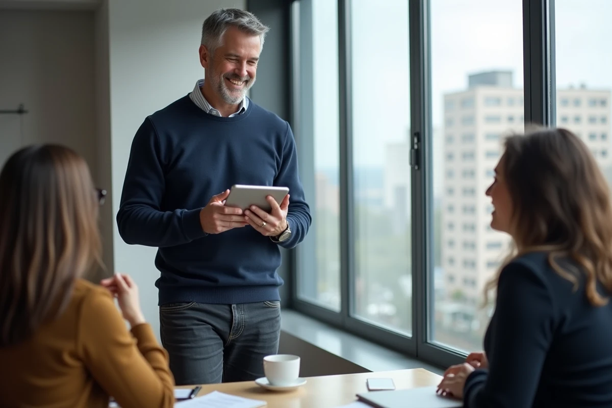 Homme d age moyen partageant un moment convivial en coworking