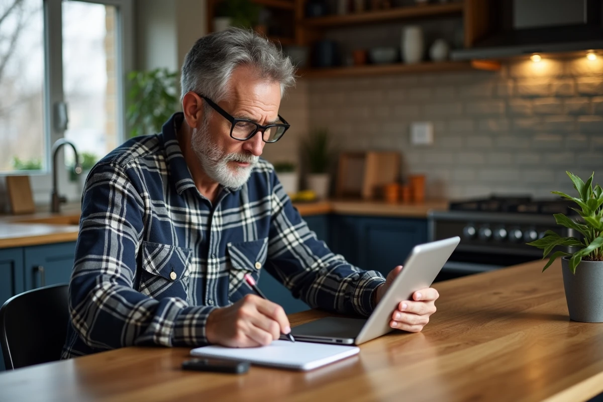 Middle-aged man using a tablet in the kitchen