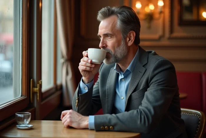 Homme élégant pensif dans un café parisien, incarnant la discrétion et la réserve autour de sa vie privée