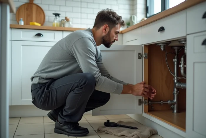 Homme inspectant la plomberie sous l'évier de la cuisine lors d'un entretien à domicile