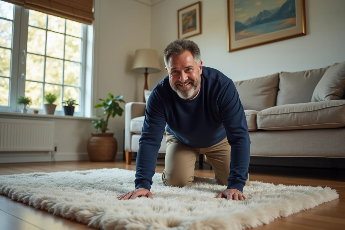 Homme posant un tapis dans un salon chaleureux