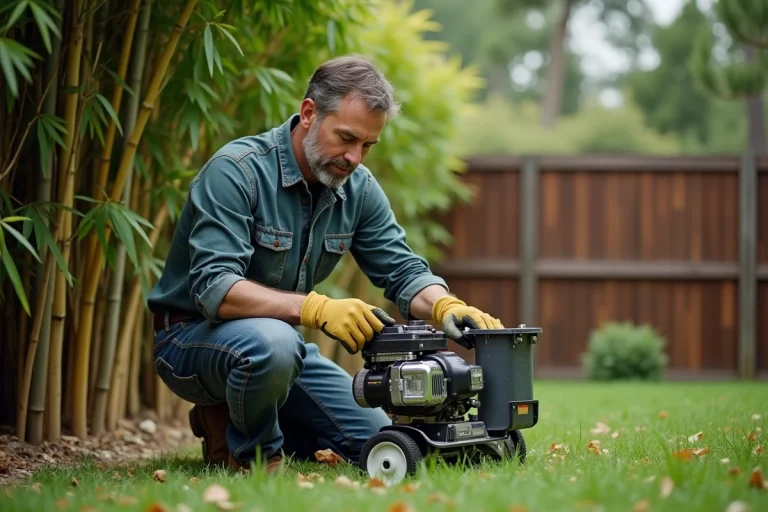 Homme en jeans examine un broyeur de jardin près de bambous