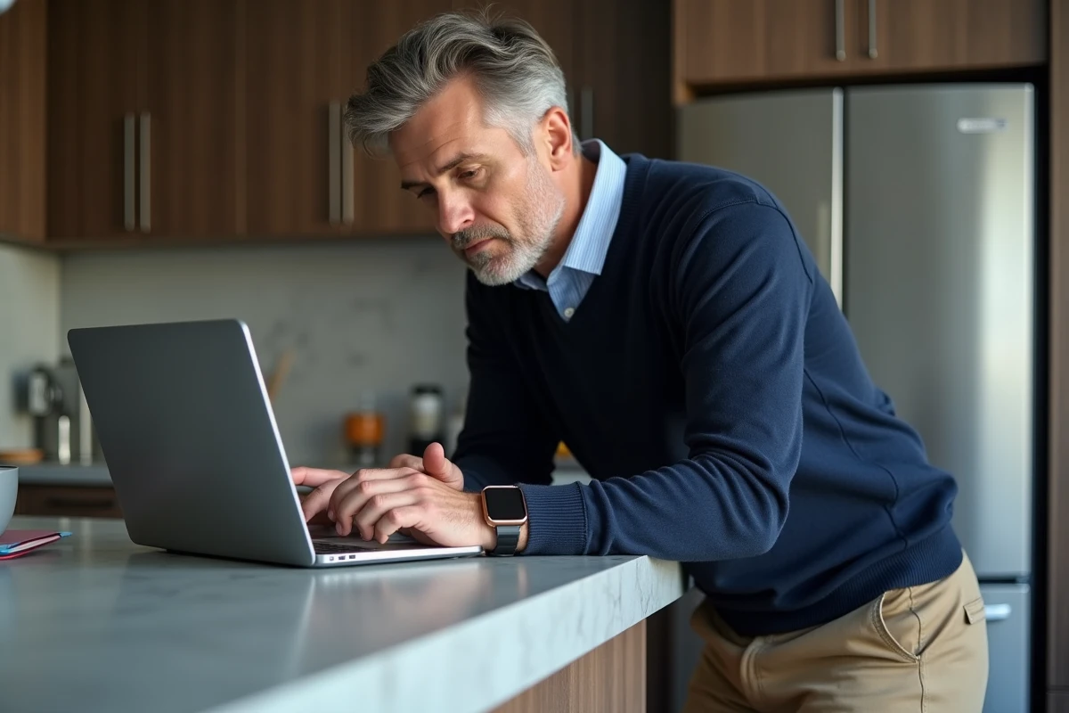 Man checking notifications on smartwatch and computer