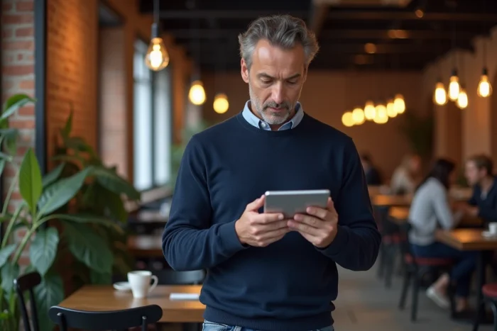 Homme lisant les dernières informations sur une tablette dans un café urbain moderne