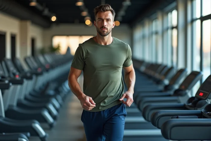 Homme marchant sur un tapis de course avec affichage de la vitesse en km/h dans une salle de sport moderne
