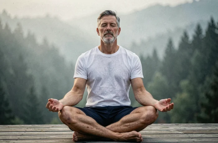 Homem meditando em posição de lótus em uma varanda de madeira de frente para uma floresta nevoenta ao amanhecer