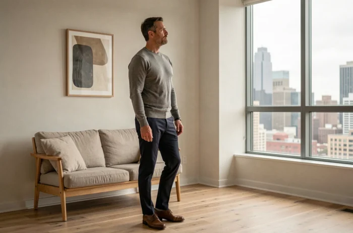 Homem minimalista em um apartamento sóbrio e moderno, olhando pela janela em uma postura de reflexão