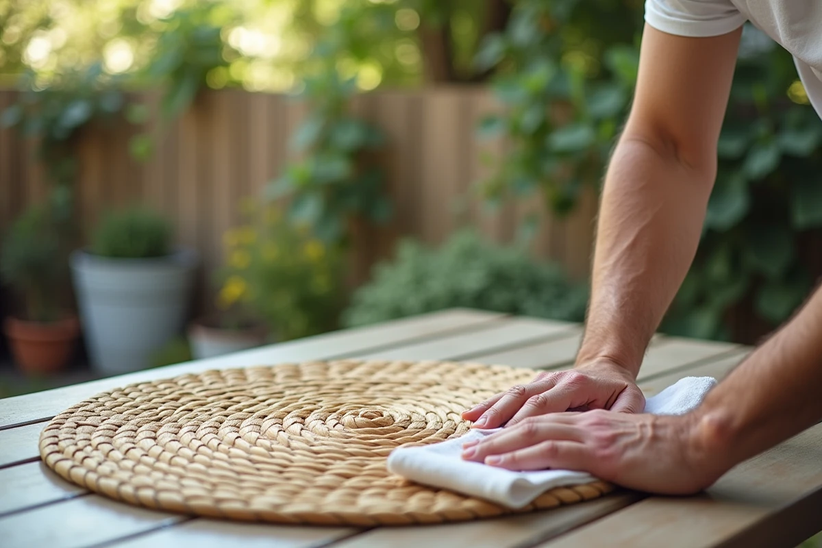 Homme en extérieur essuyant une napperie en paille