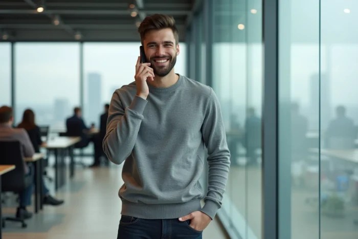 Homme souriant au téléphone dans un bureau moderne, semblant prononcer le prénom de son interlocutrice lors d'une conversation chaleureuse