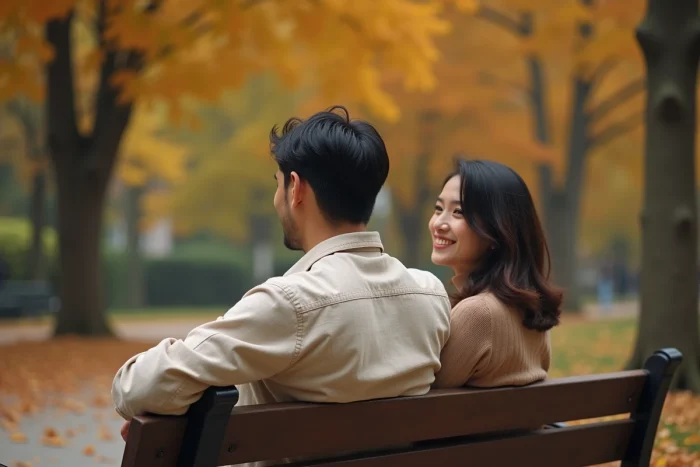 Couple assis sur un banc dans un parc en automne, l'homme s'adressant sincèrement à la femme en la regardant, évoquant une conversation intime et personnelle