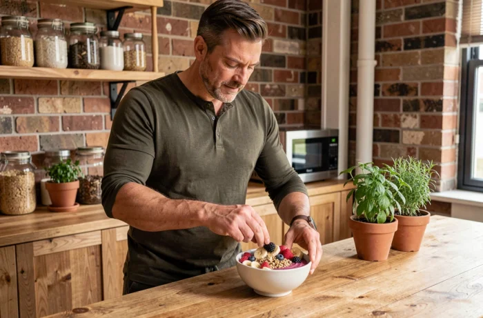 Homem preparando um bowl de smoothie saudável com frutas frescas e granola em uma cozinha moderna para ilustrar uma alimentação equilibrada e o bem-estar diário
