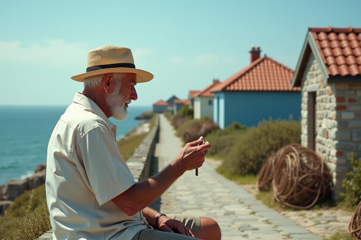 Rentner schaut auf das Meer mit Schlüsseln in der Hand