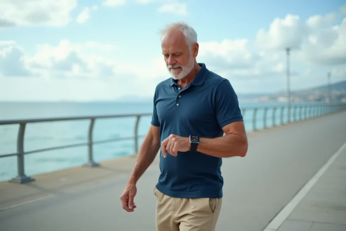 Homme senior consultant sa montre connectée pour évaluer sa vitesse de marche sur une promenade en bord de mer