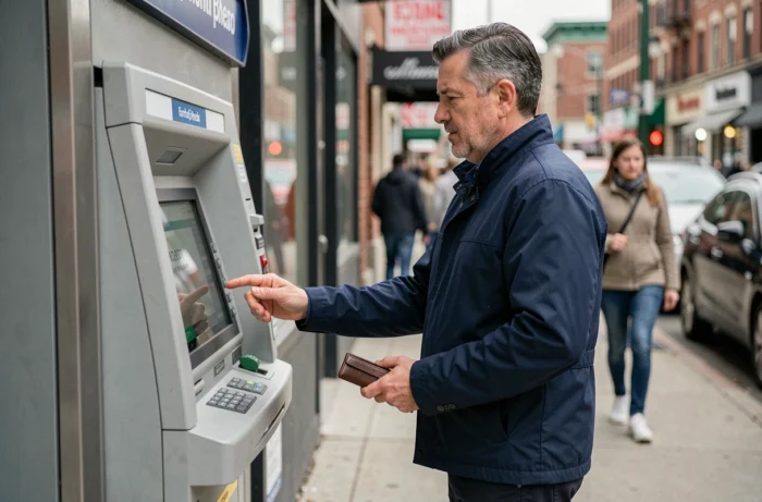 Homme d'affaires consultant son solde bancaire à un distributeur automatique en ville, gérant ses finances personnelles