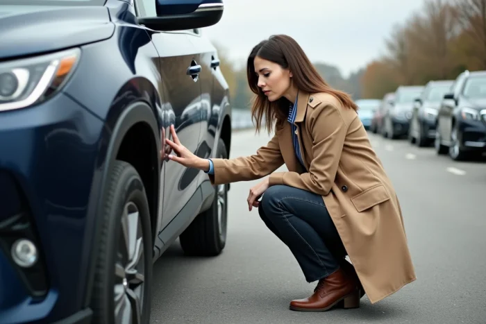 Femme inspectant minutieusement une voiture d'occasion dans un parc automobile en plein air avant achat